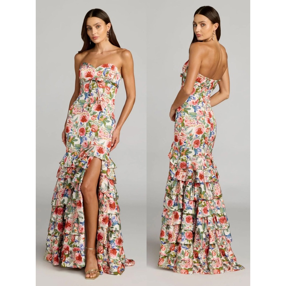 NWT Mac Duggal Multicolor Floral Strapless Ruffle Hem Mermaid Gown - Size 8